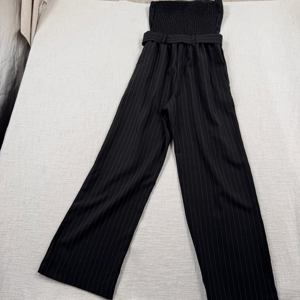 Black Pinstripe Strapless Wide Leg Jumpsuit with Belted Waist Smocked Back Sze S - Picture 8 of 11